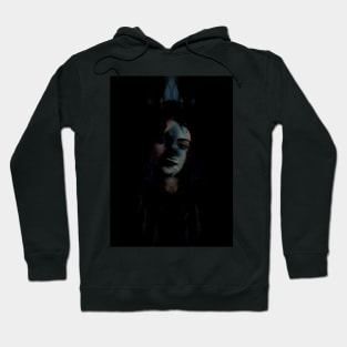 Special processing. Dark side. Monster. Very lovely girl. Like in dark tale. Gray, red and blue. Hoodie